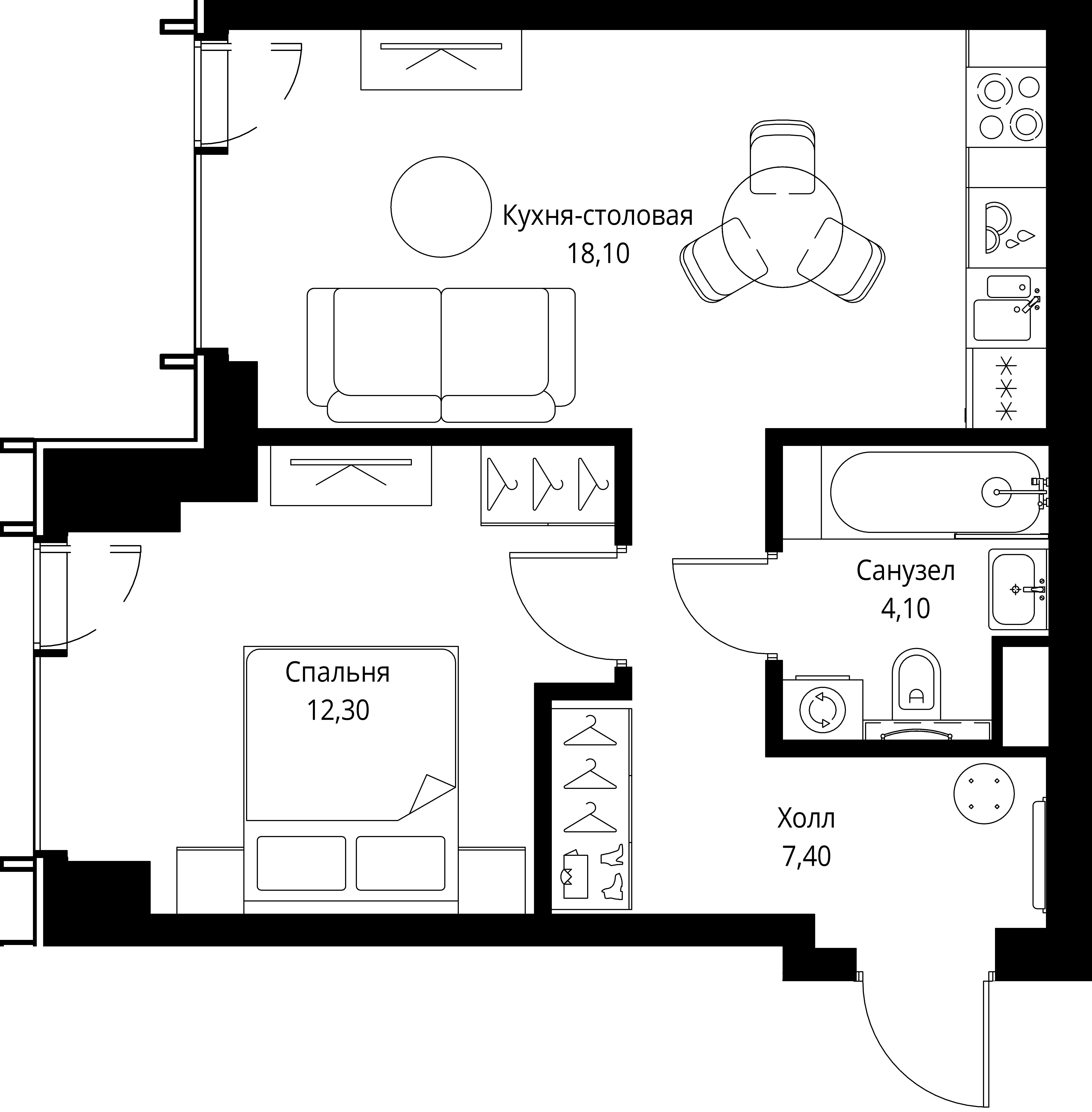 1 комн. квартира, 41.9 м², 25 этаж 