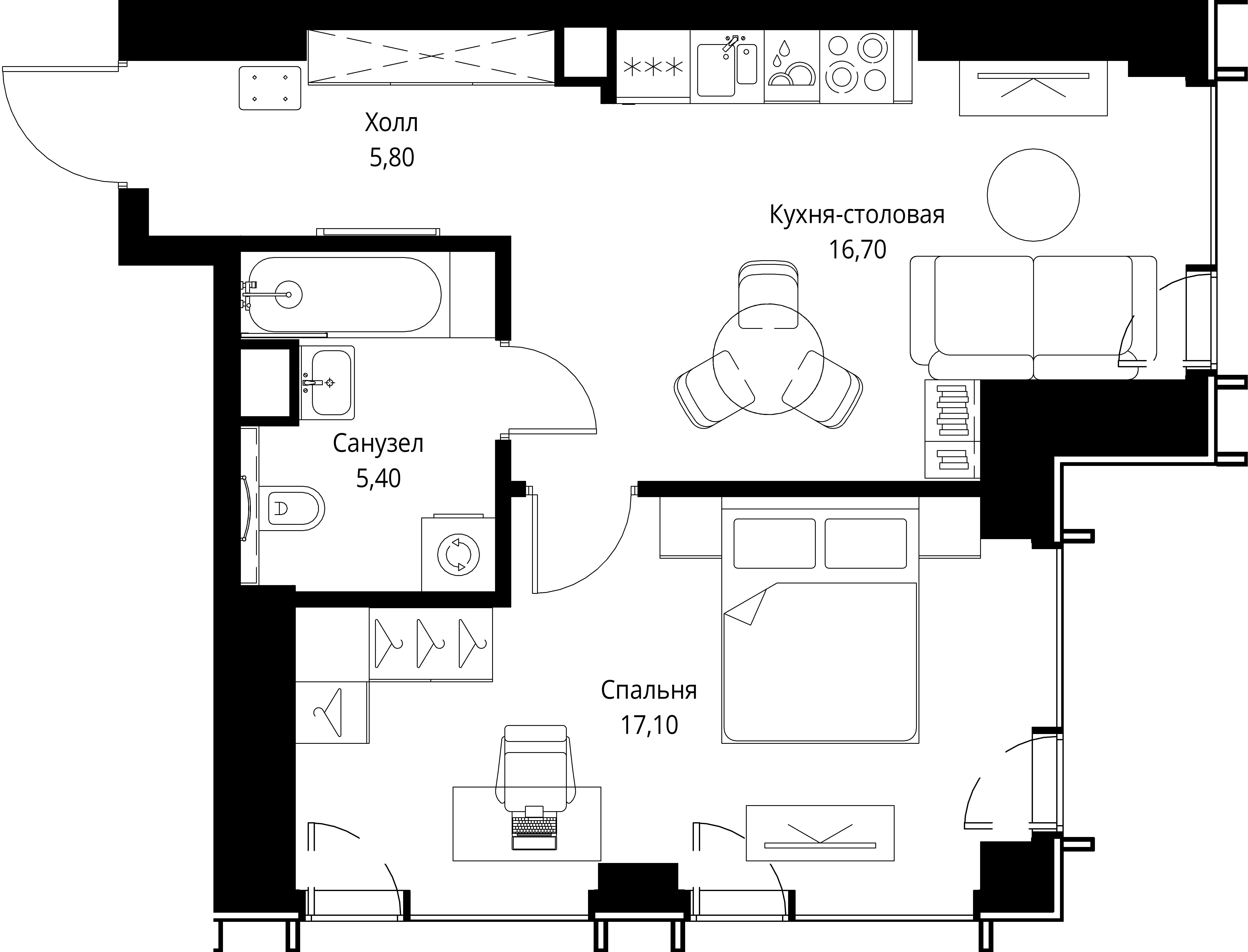 1 комн. квартира, 45 м², 16 этаж 
