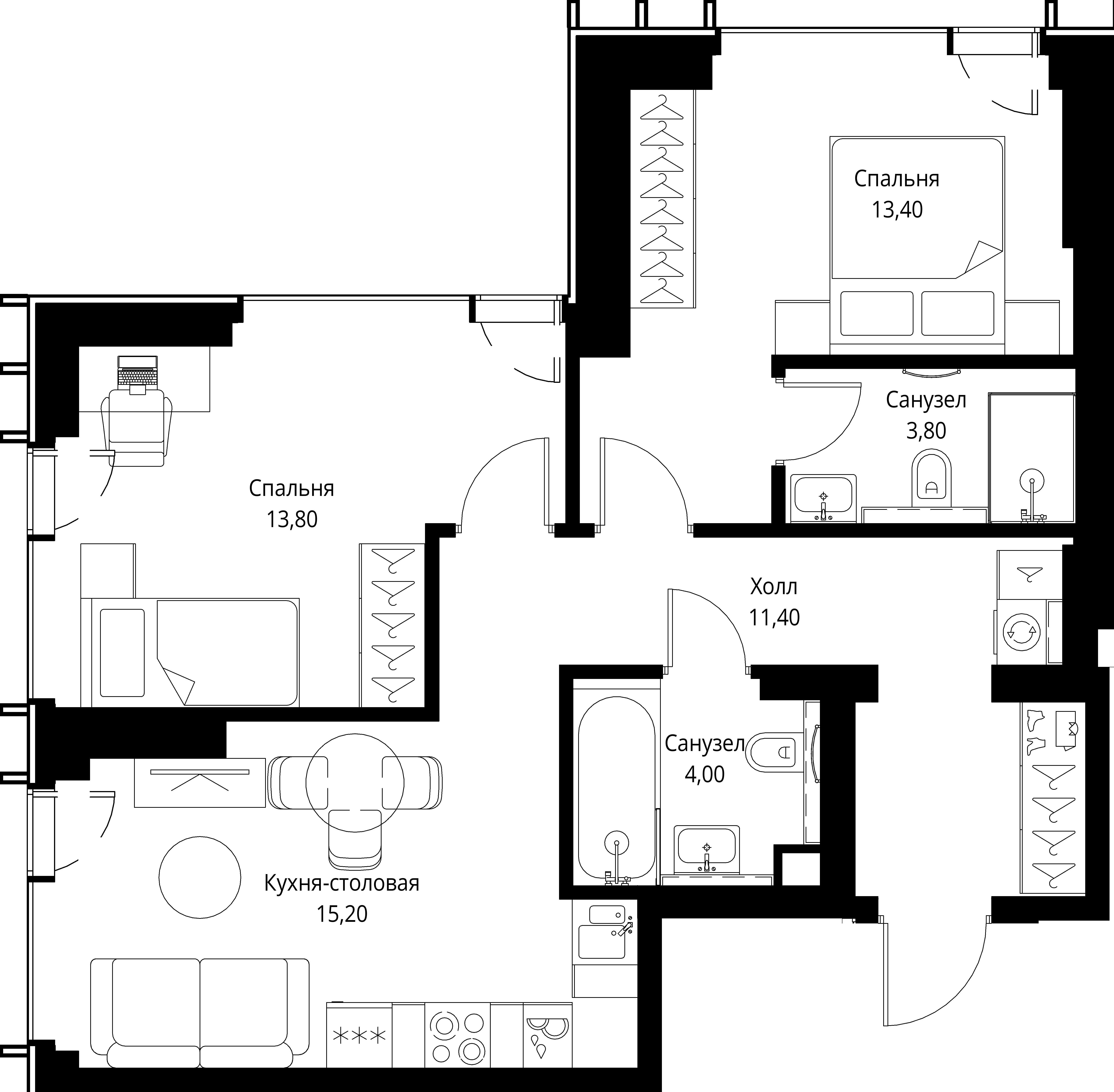 2 комн. квартира, 61.6 м², 44 этаж 