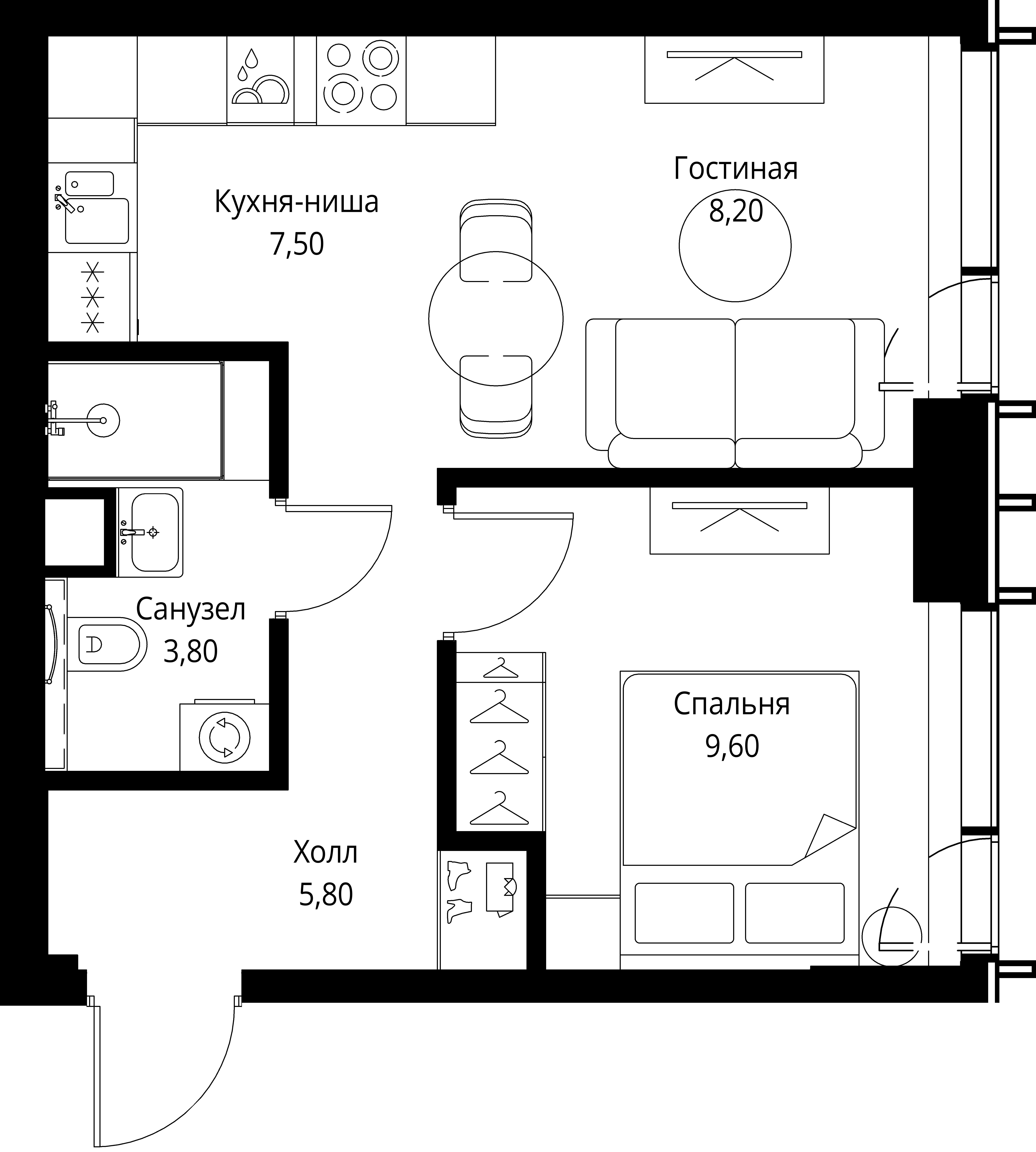 1 комн. квартира, 34.9 м², 40 этаж 