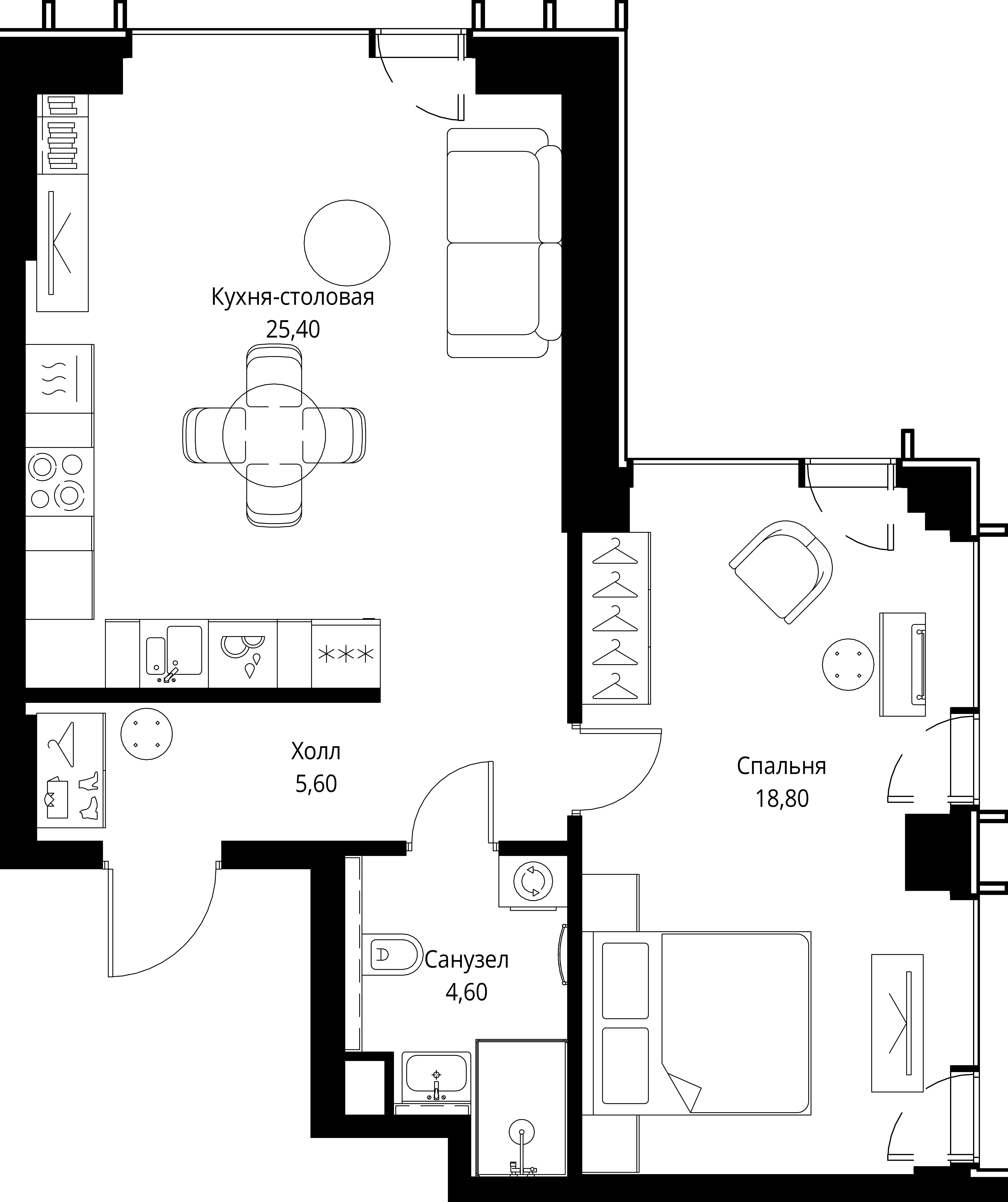 1 комн. квартира, 54.4 м², 42 этаж 
