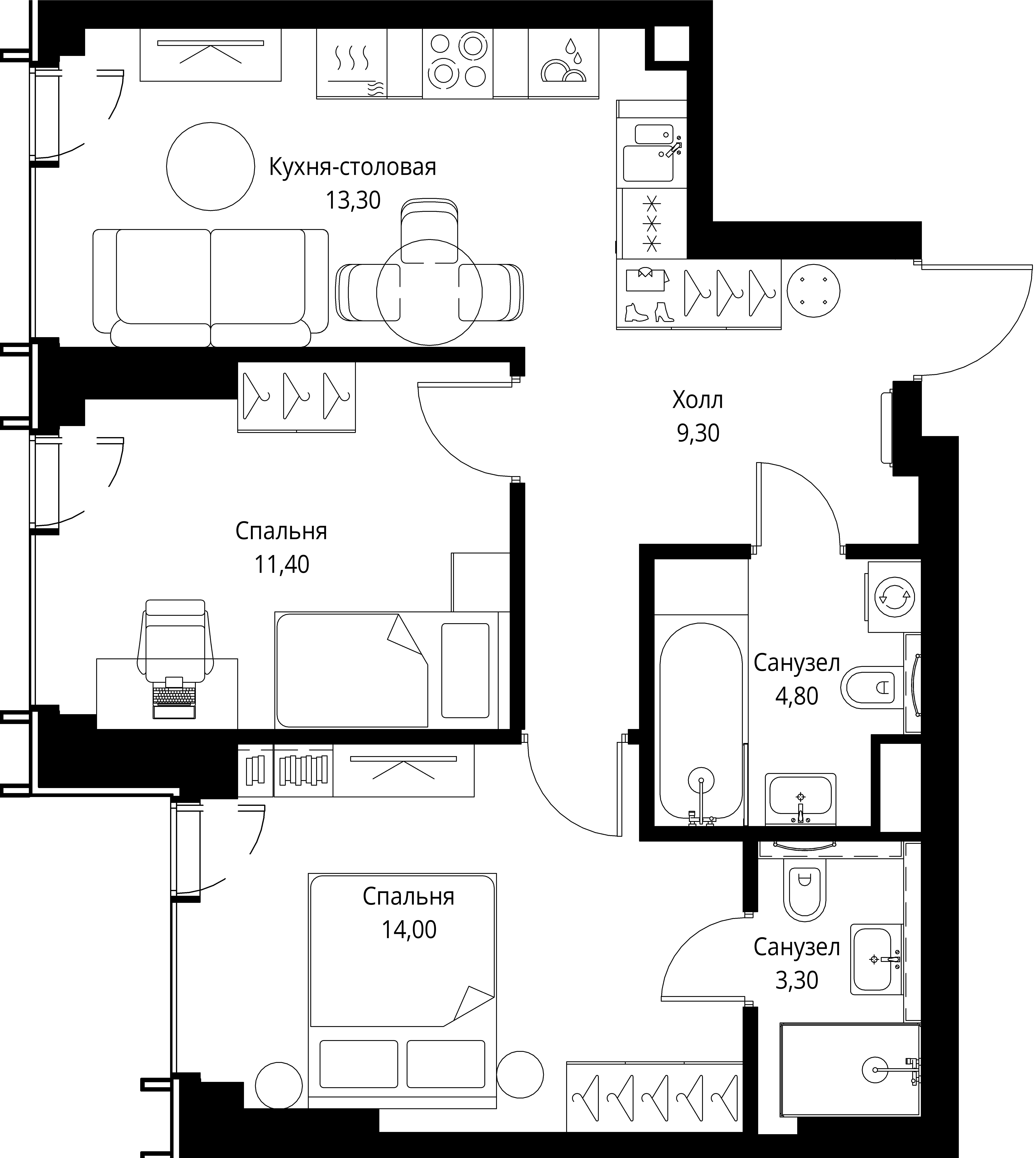 2 комн. квартира, 56.1 м², 29 этаж 