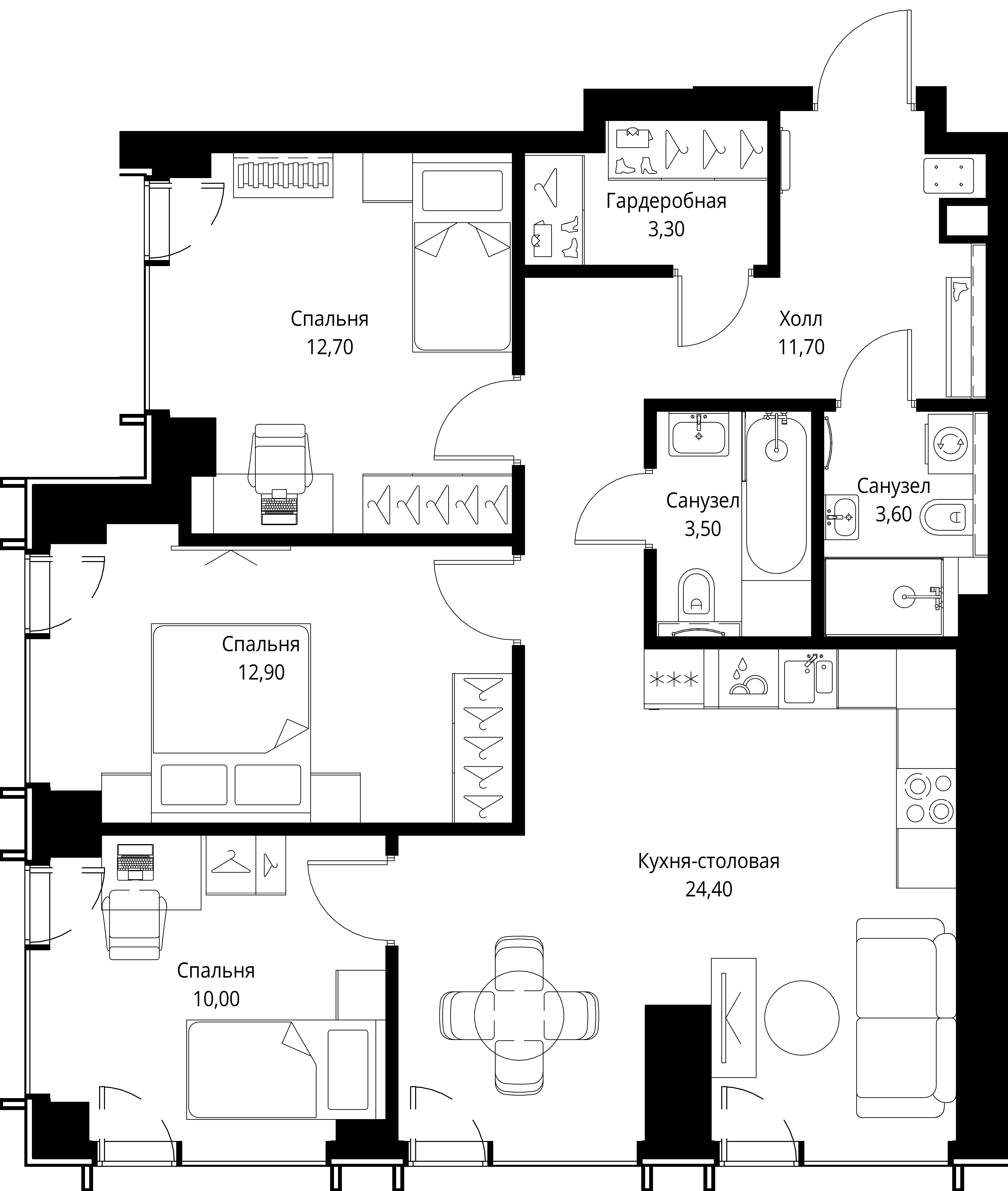 3 комн. квартира, 82.1 м², 25 этаж 