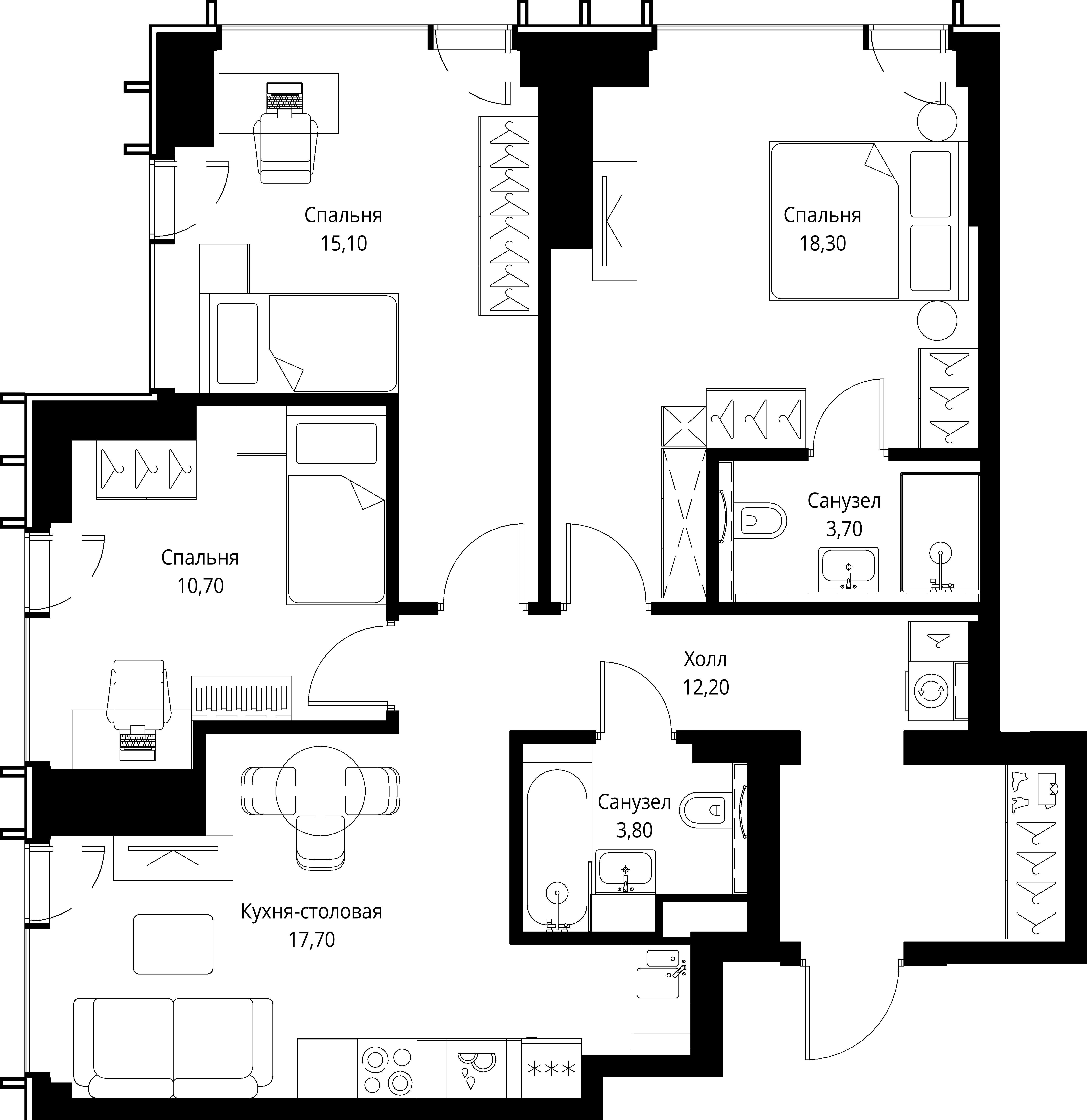 3 комн. квартира, 81.5 м², 25 этаж 