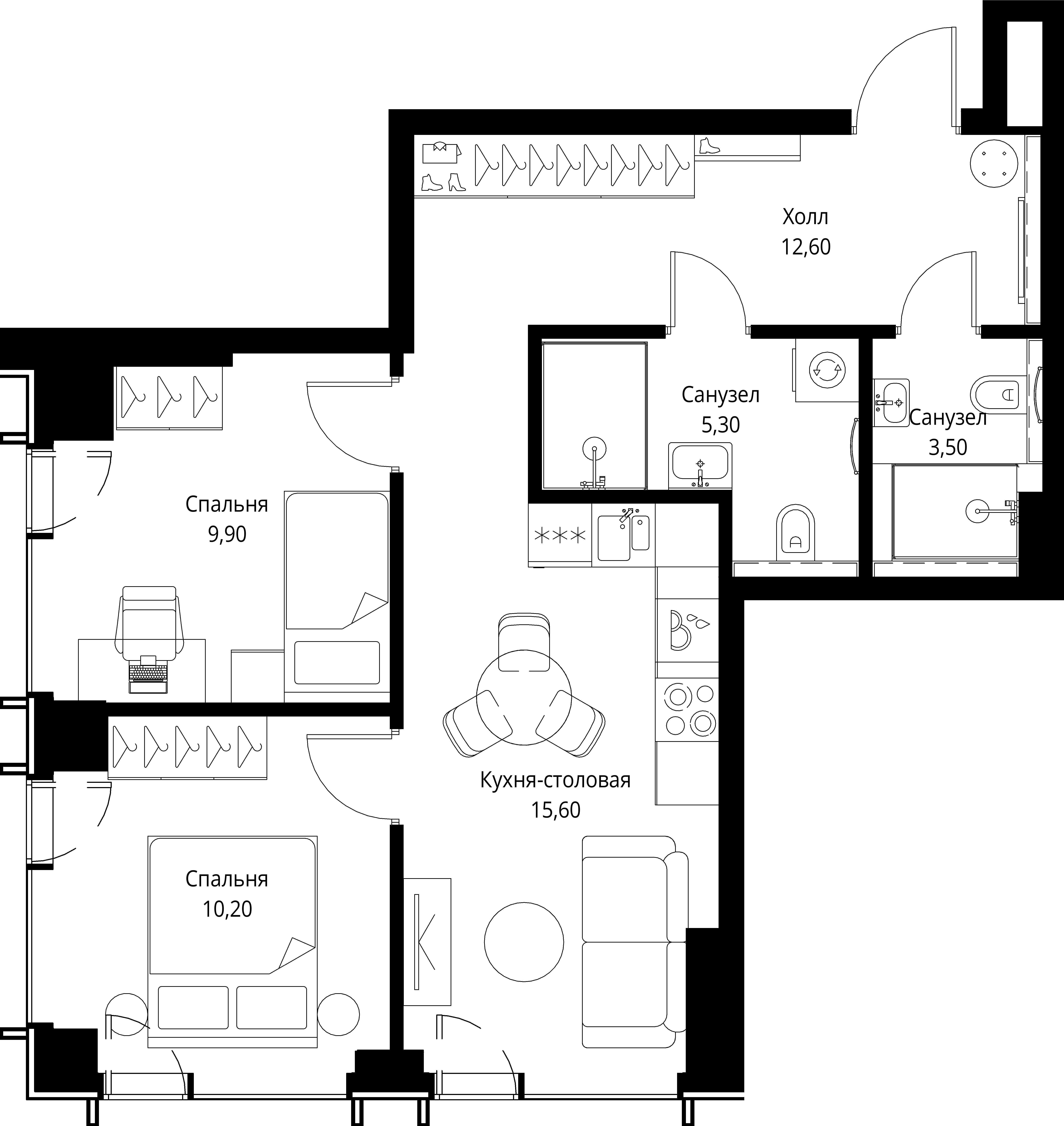 2 комн. квартира, 57.1 м², 12 этаж 