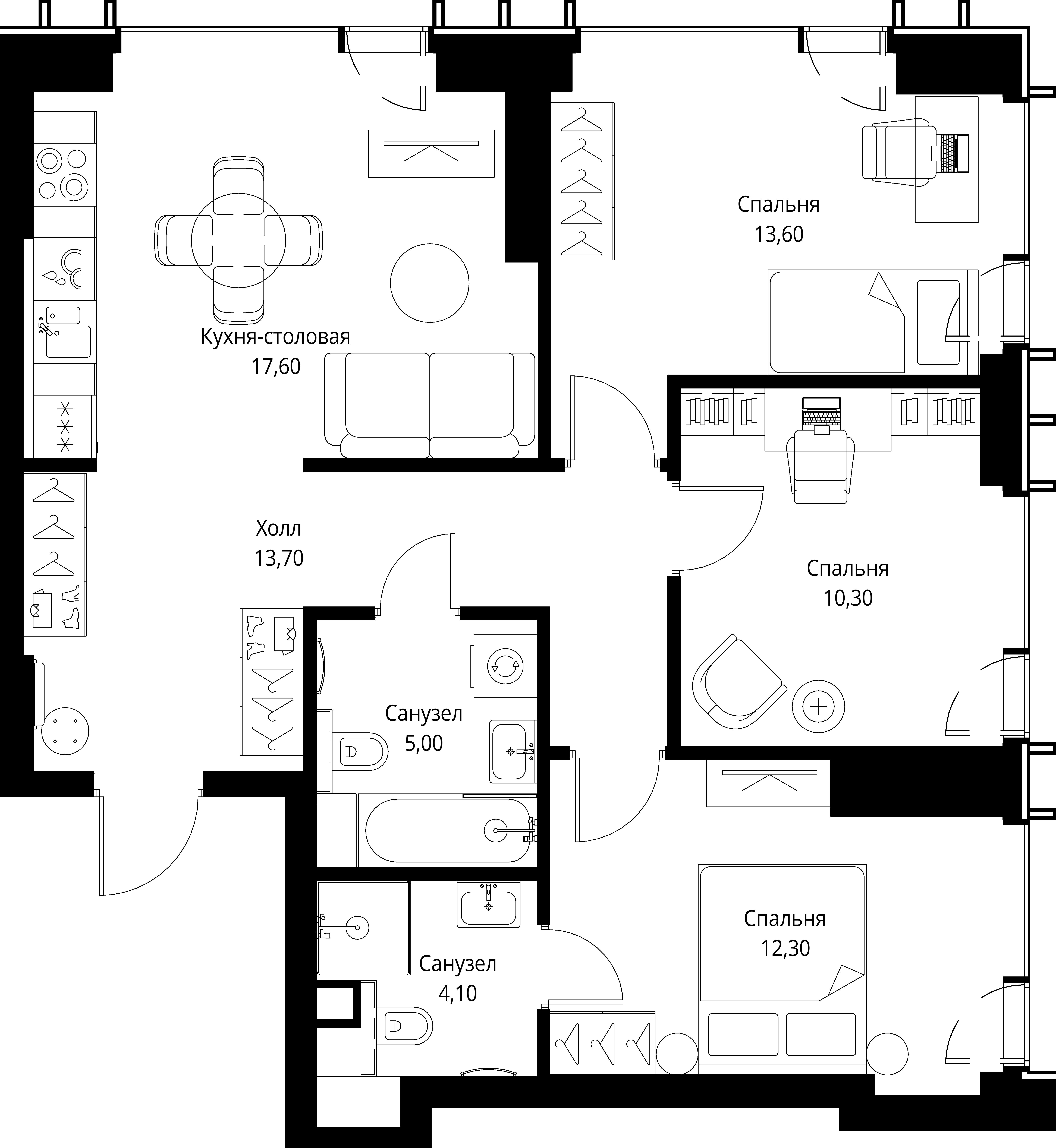 3 комн. квартира, 76.6 м², 27 этаж 