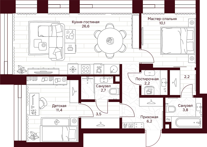 2 комн. квартира, 68.7 м², 6 этаж 