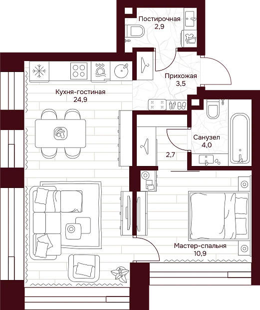 1 комн. квартира, 48.9 м², 2 этаж 