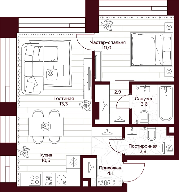 1 комн. квартира, 48.2 м², 2 этаж 
