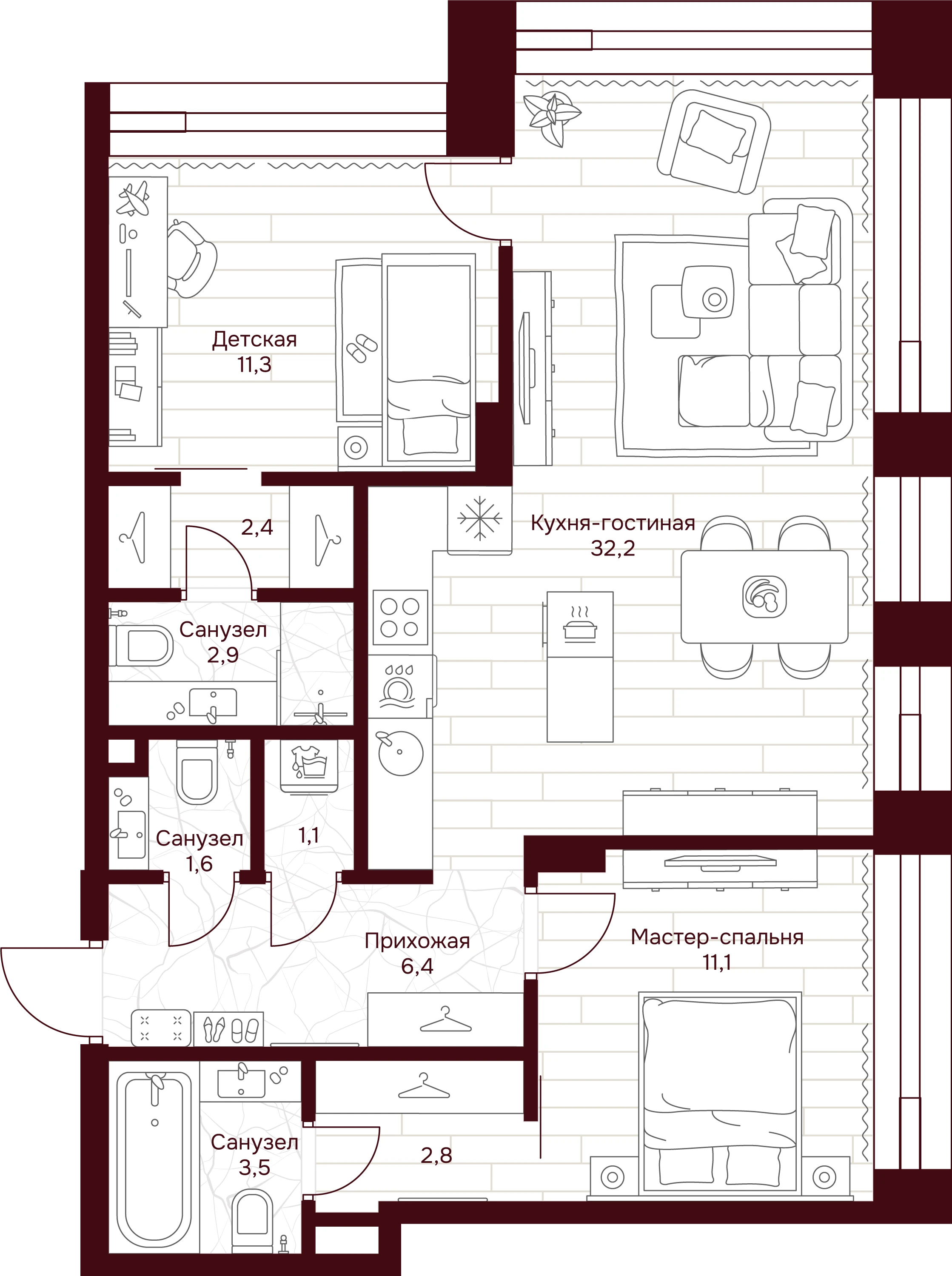 2 комн. квартира, 75.3 м², 8 этаж 