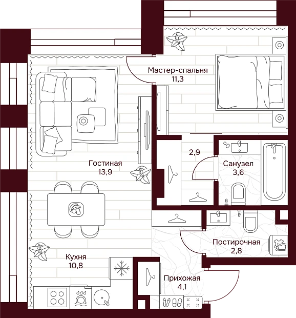 1 комн. квартира, 49.4 м², 13 этаж 