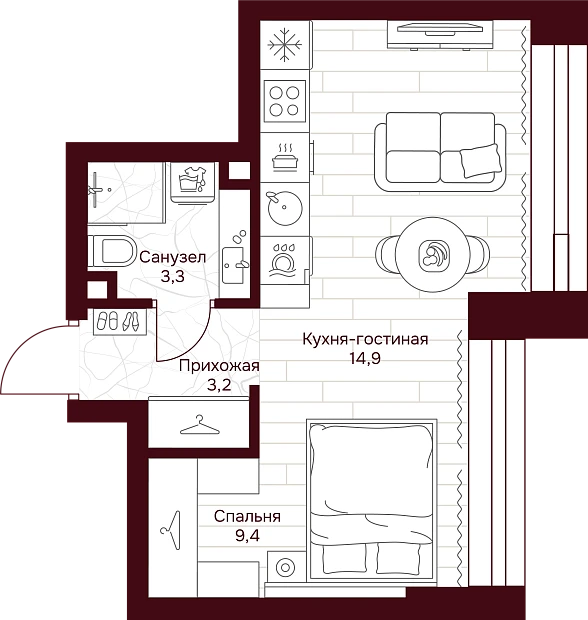 1 комн. квартира, 30.8 м², 2 этаж 