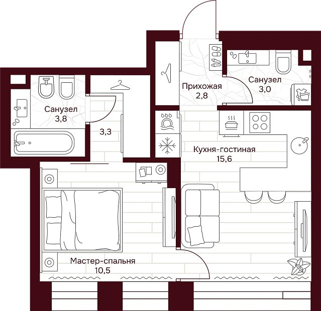 1 комн. квартира, 39 м², 2 этаж 