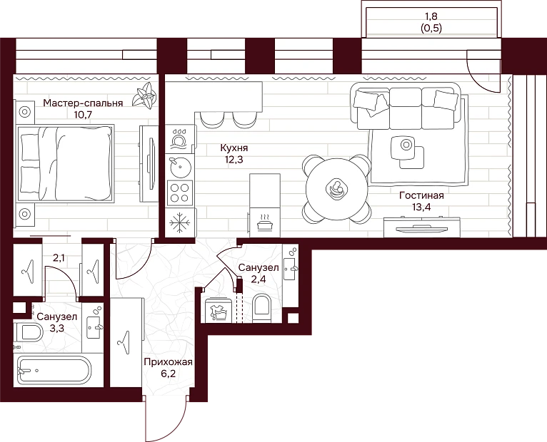 1 комн. квартира, 50.9 м², 4 этаж 