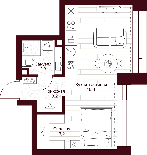 1 комн. квартира, 31.1 м², 11 этаж 