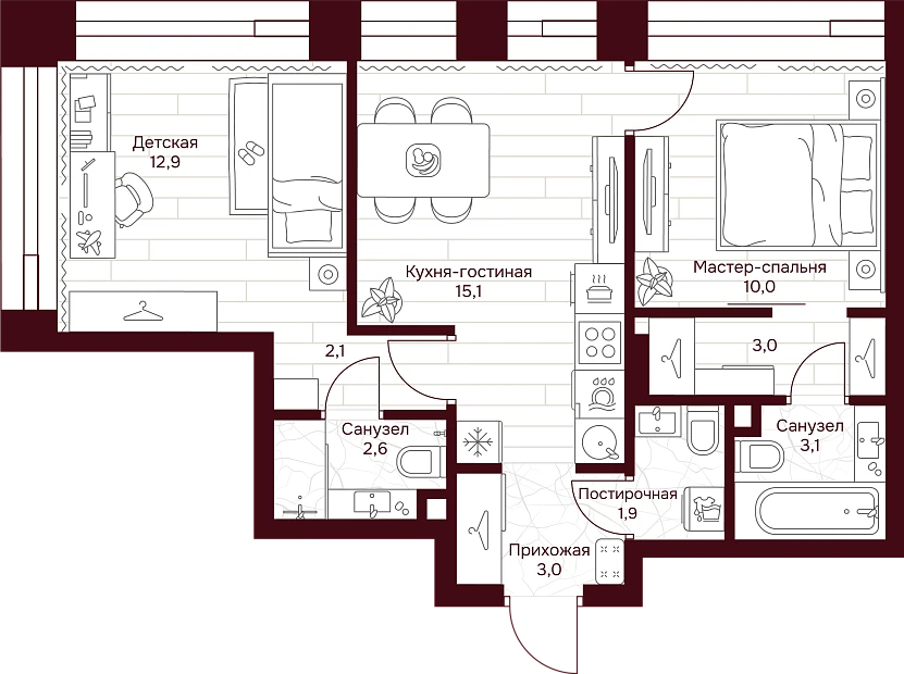 2 комн. квартира, 53.7 м², 11 этаж 
