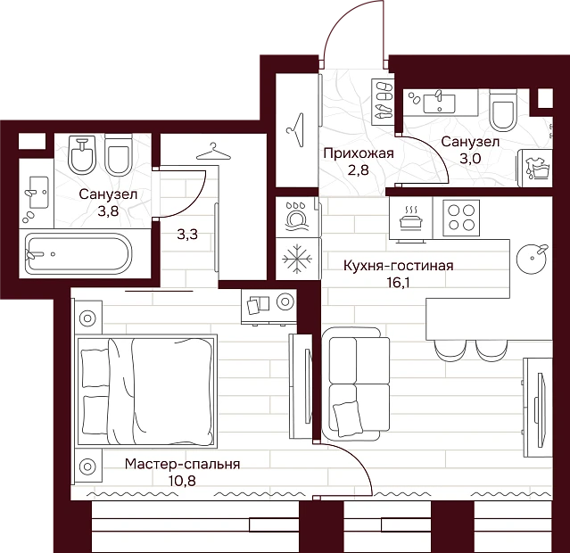 1 комн. квартира, 39.8 м², 12 этаж 