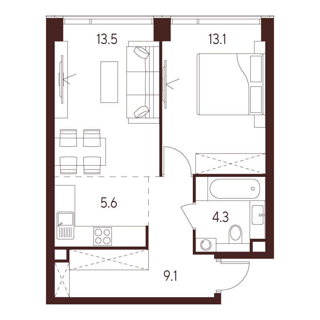 2 комн. квартира, 45.6 м², 2 этаж 