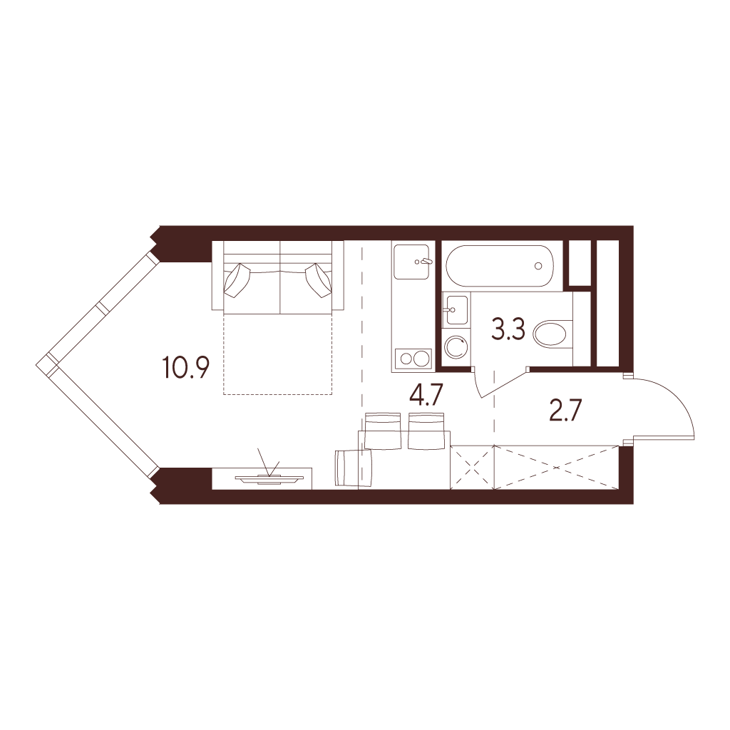 студия, 21.6 м², 27 этаж 