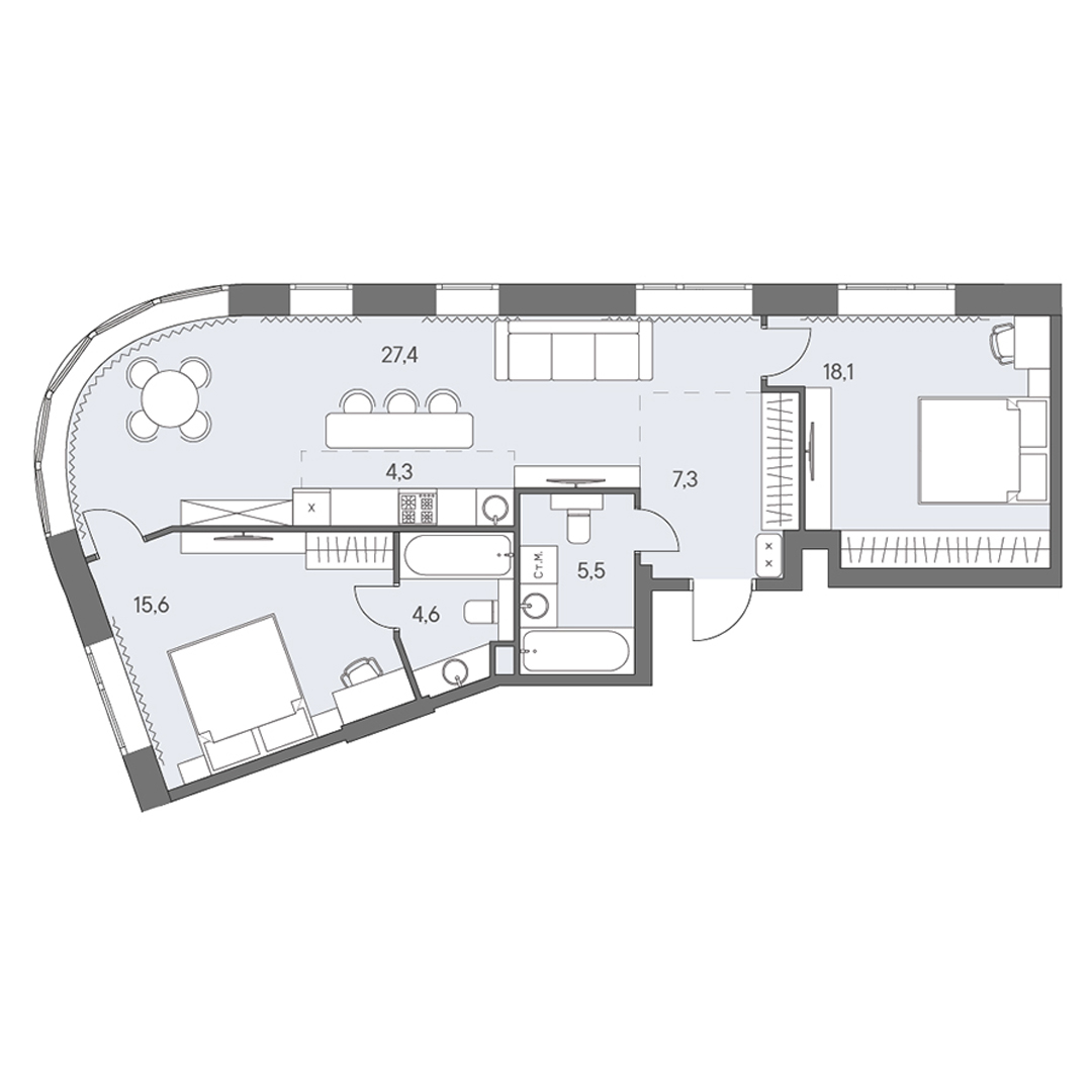 3 комн. квартира, 82.8 м², 13 этаж 