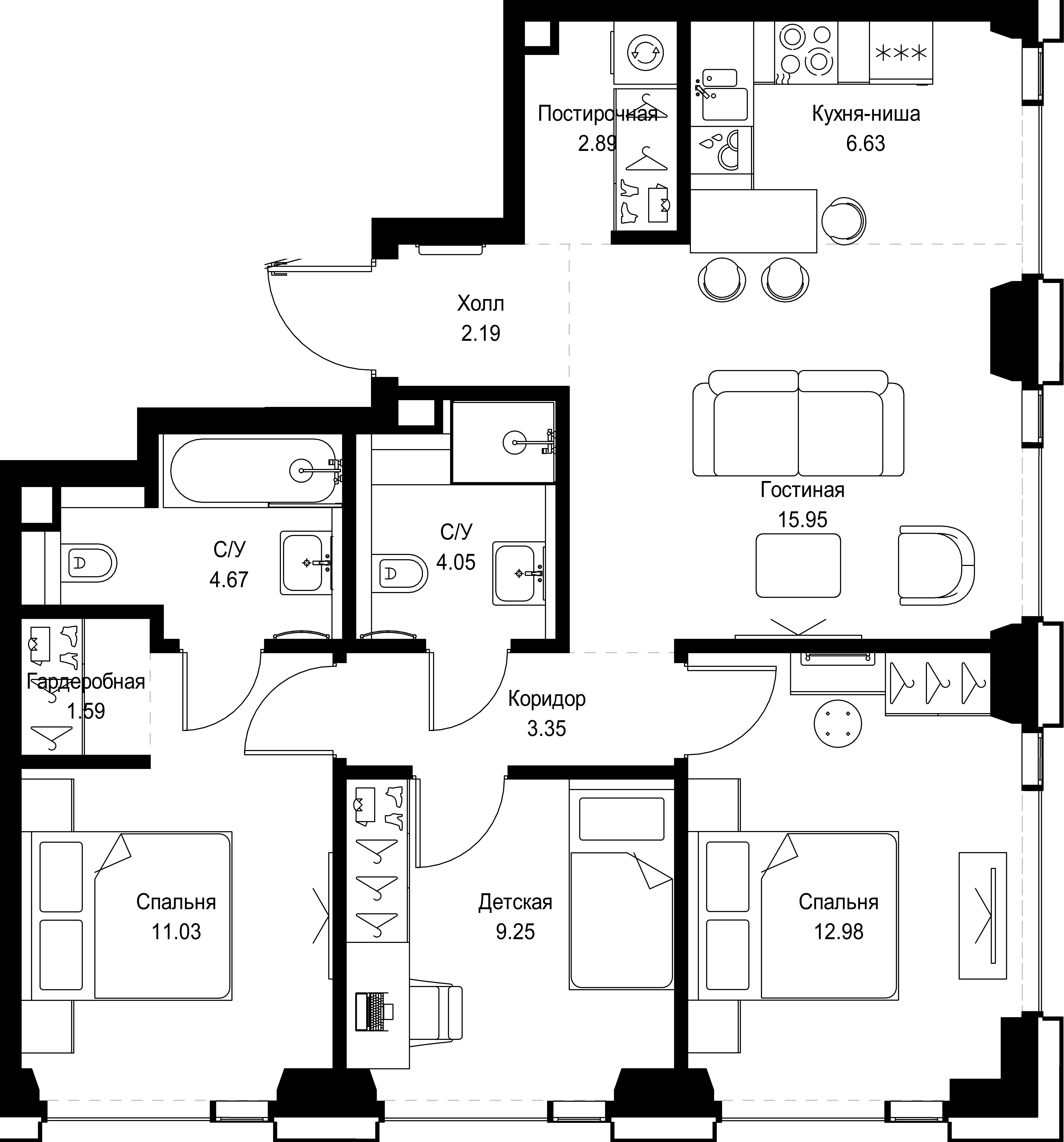 3 комн. квартира, 74.6 м², 27 этаж 