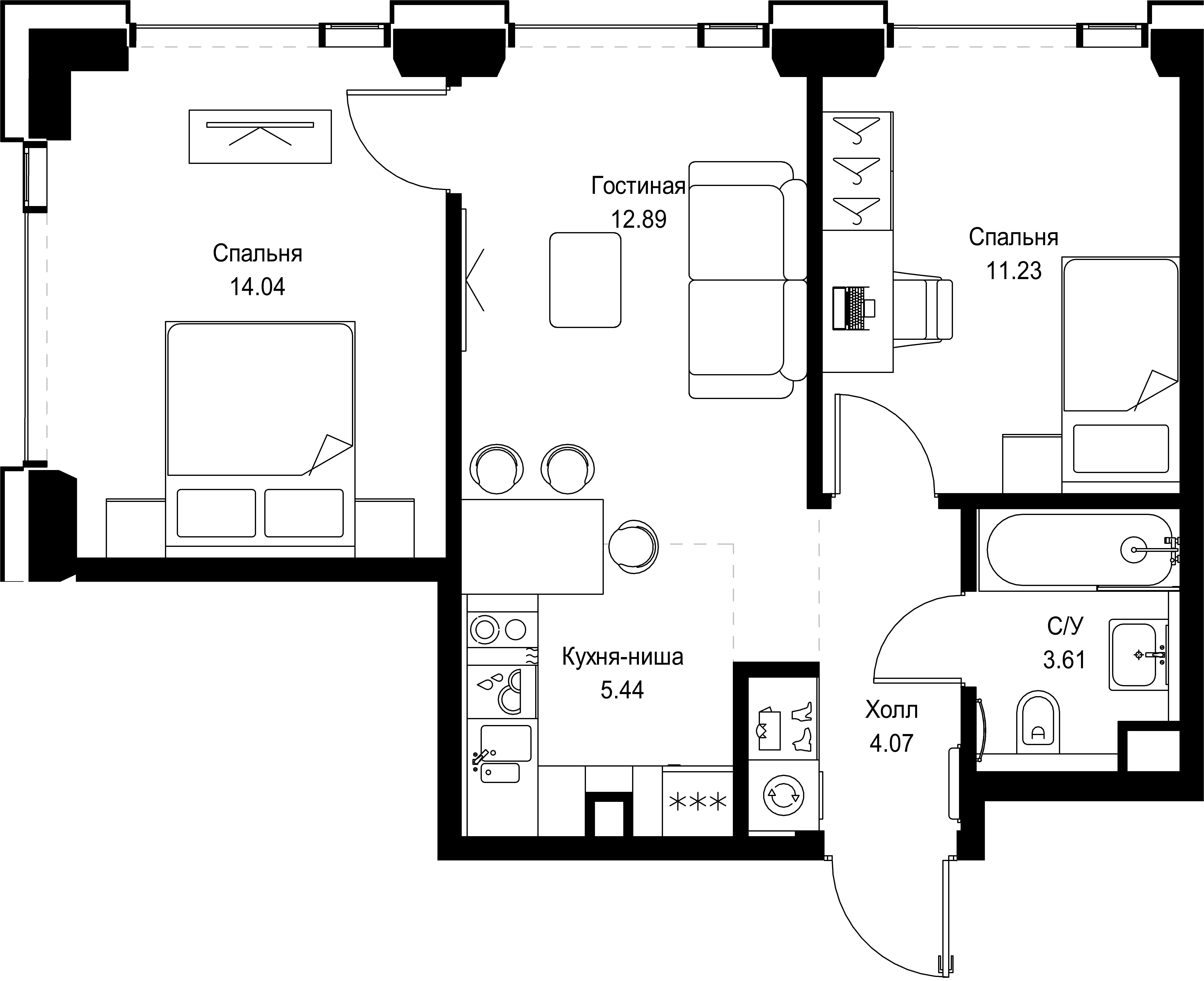 2 комн. квартира, 51.3 м², 40 этаж 