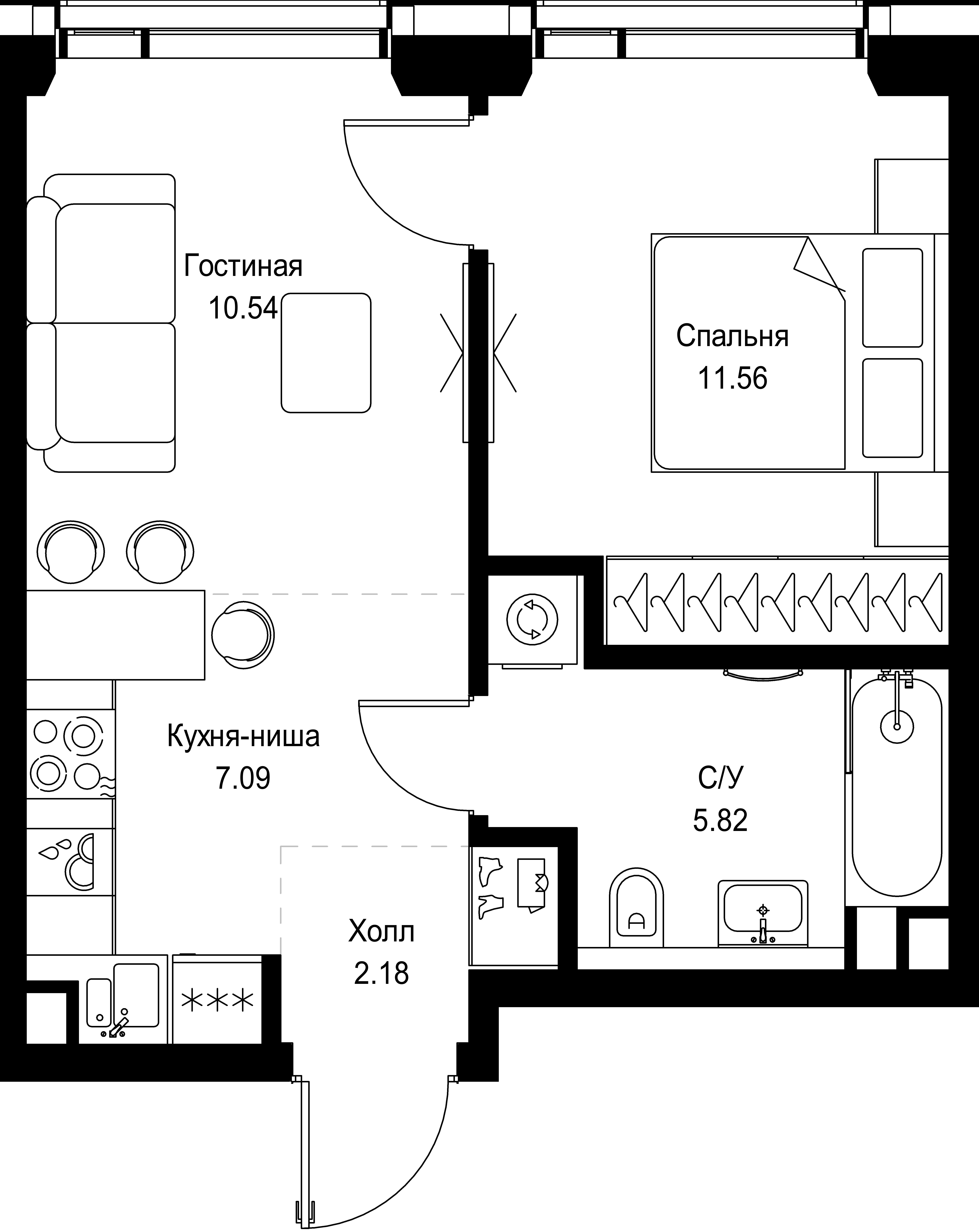 1 комн. квартира, 37.2 м², 45 этаж 