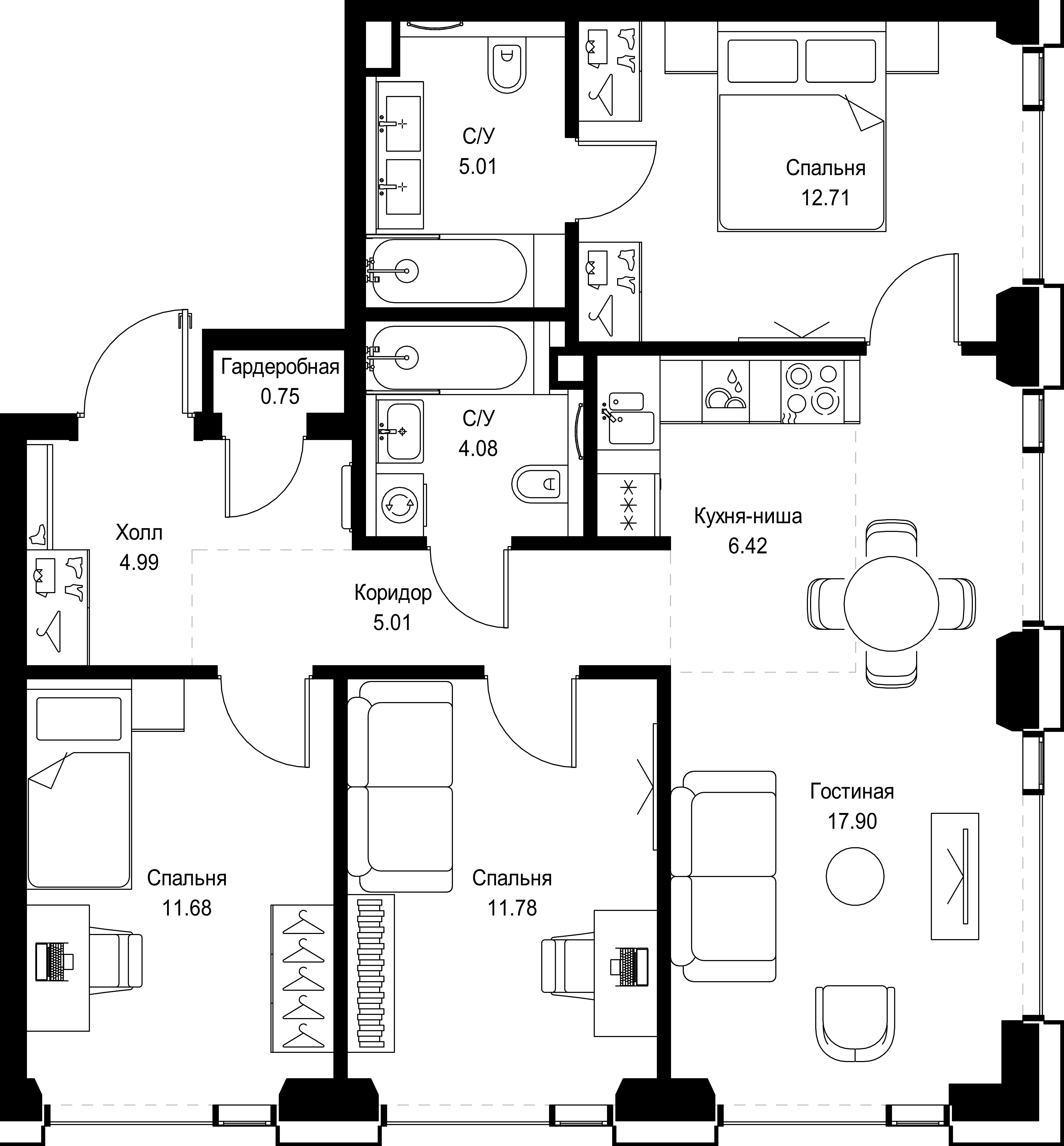 3 комн. квартира, 80.3 м², 39 этаж 