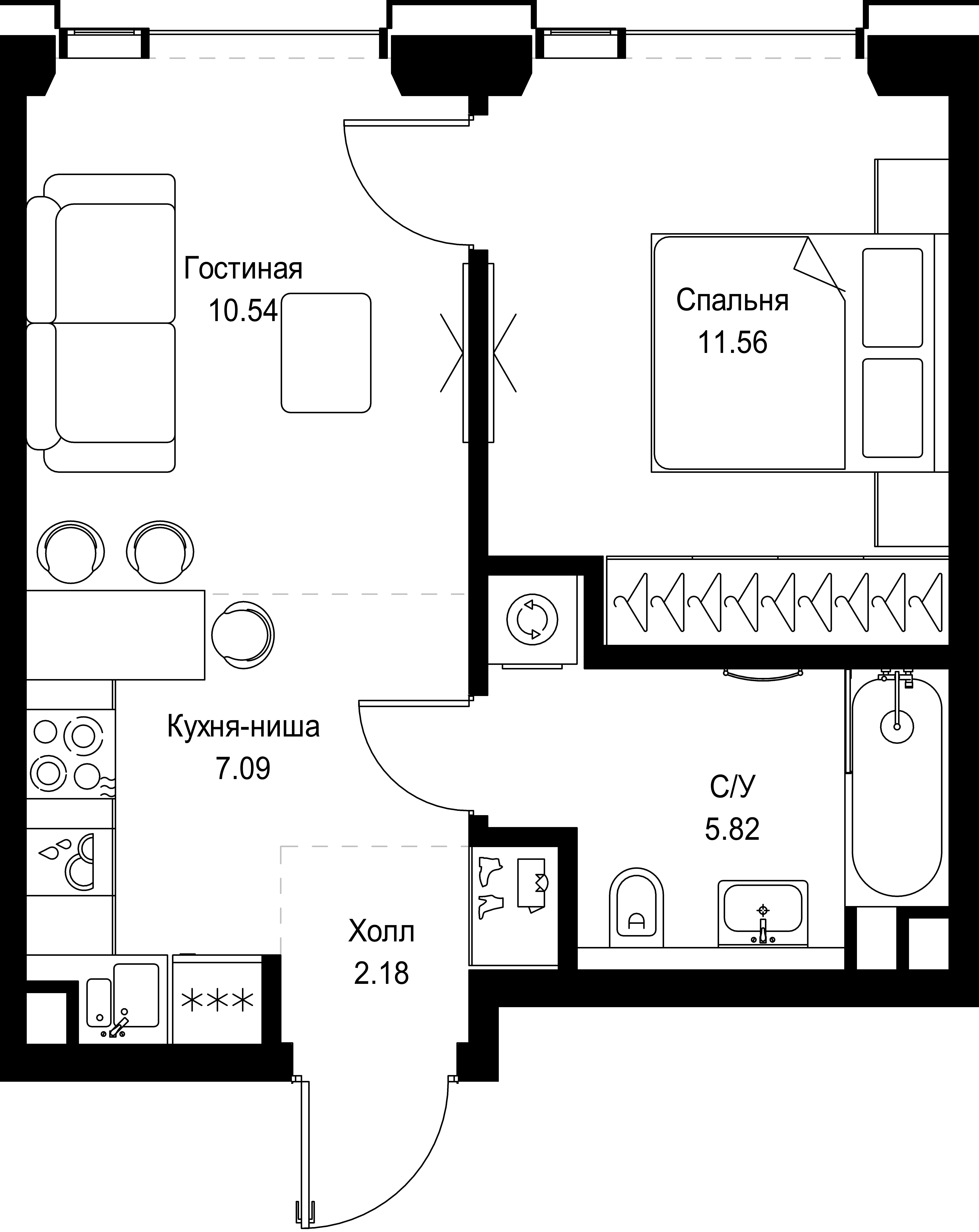 1 комн. квартира, 37.2 м², 39 этаж 