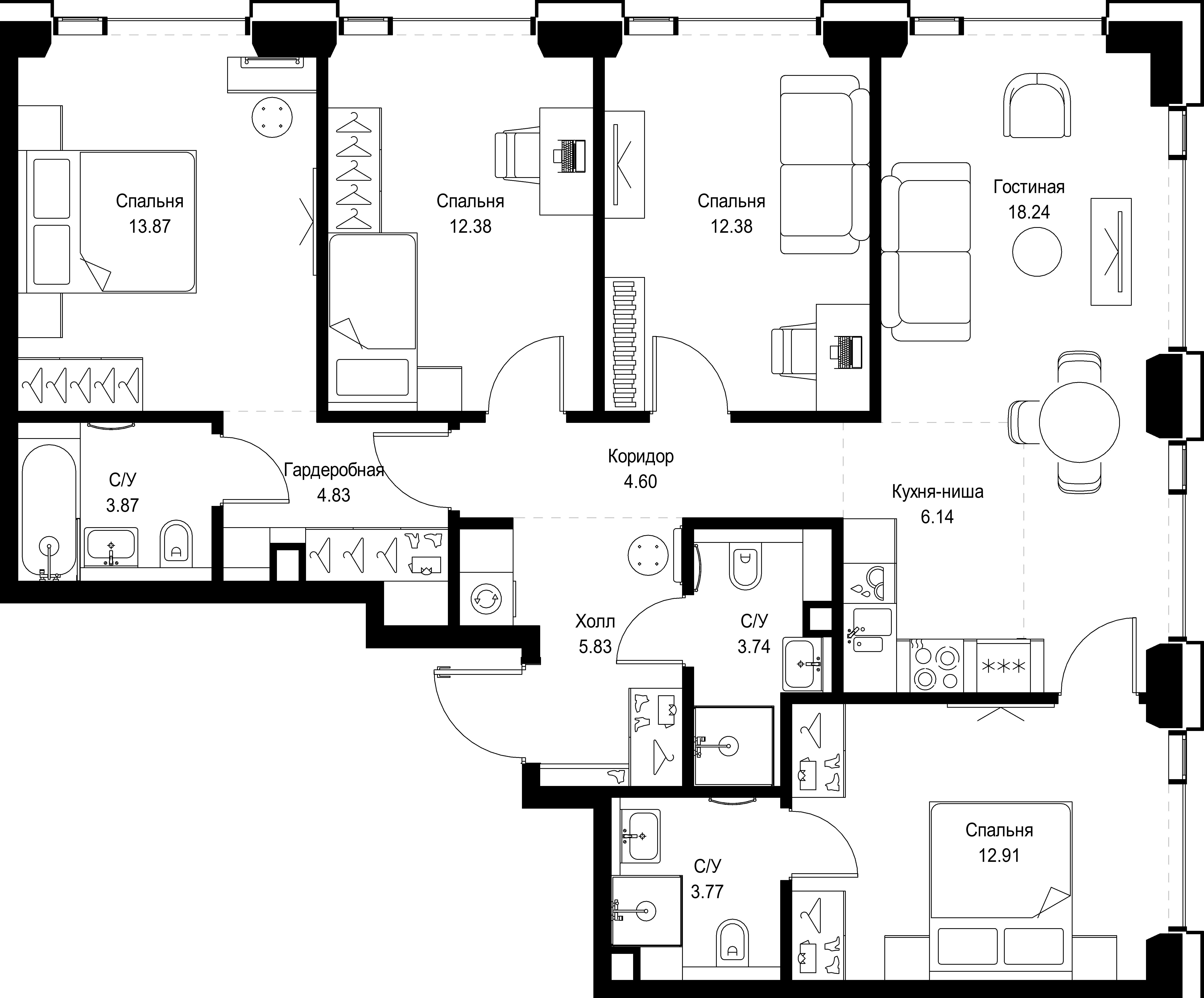 4 комн. квартира, 102.6 м², 48 этаж 