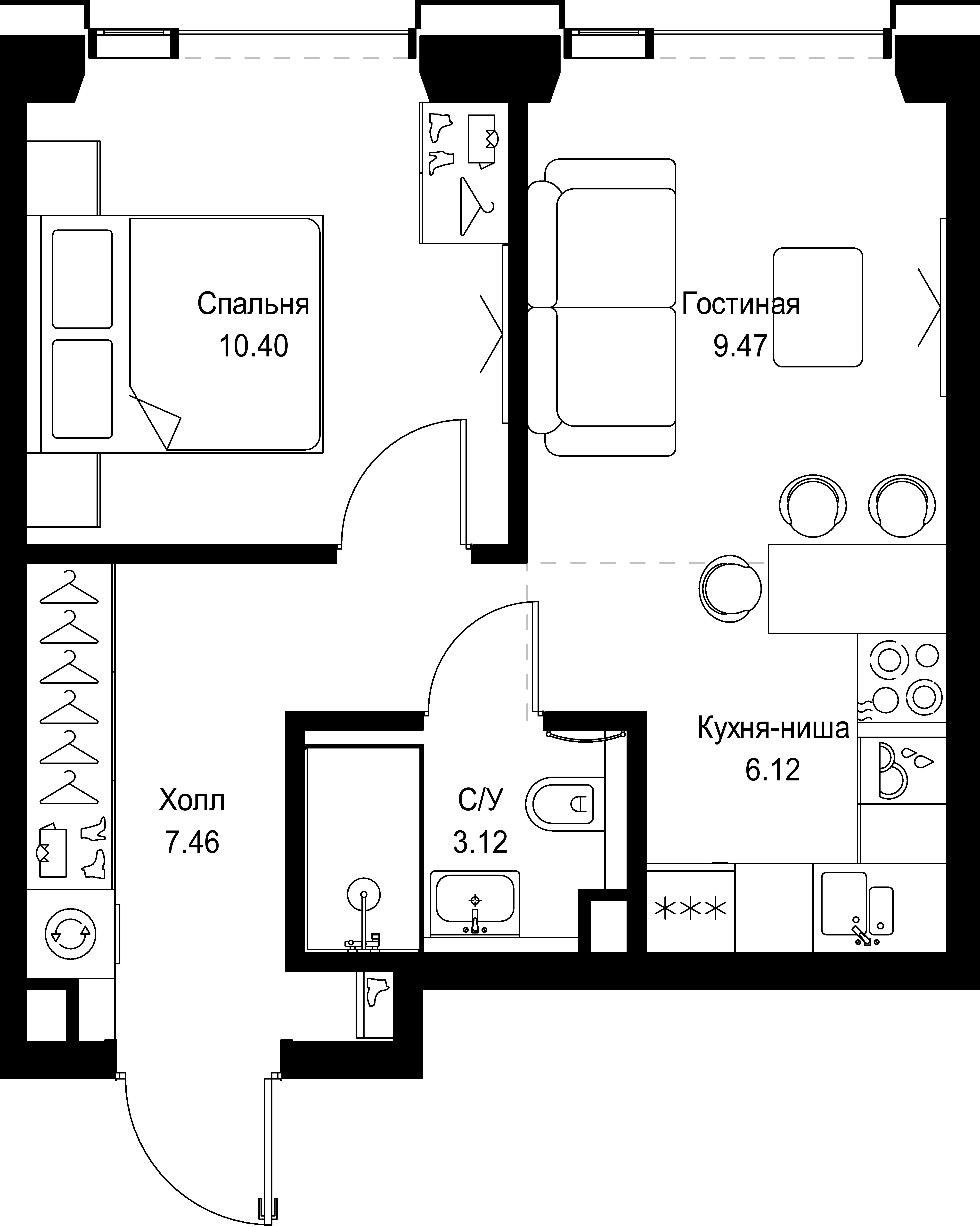 1 комн. квартира, 36.6 м², 51 этаж 