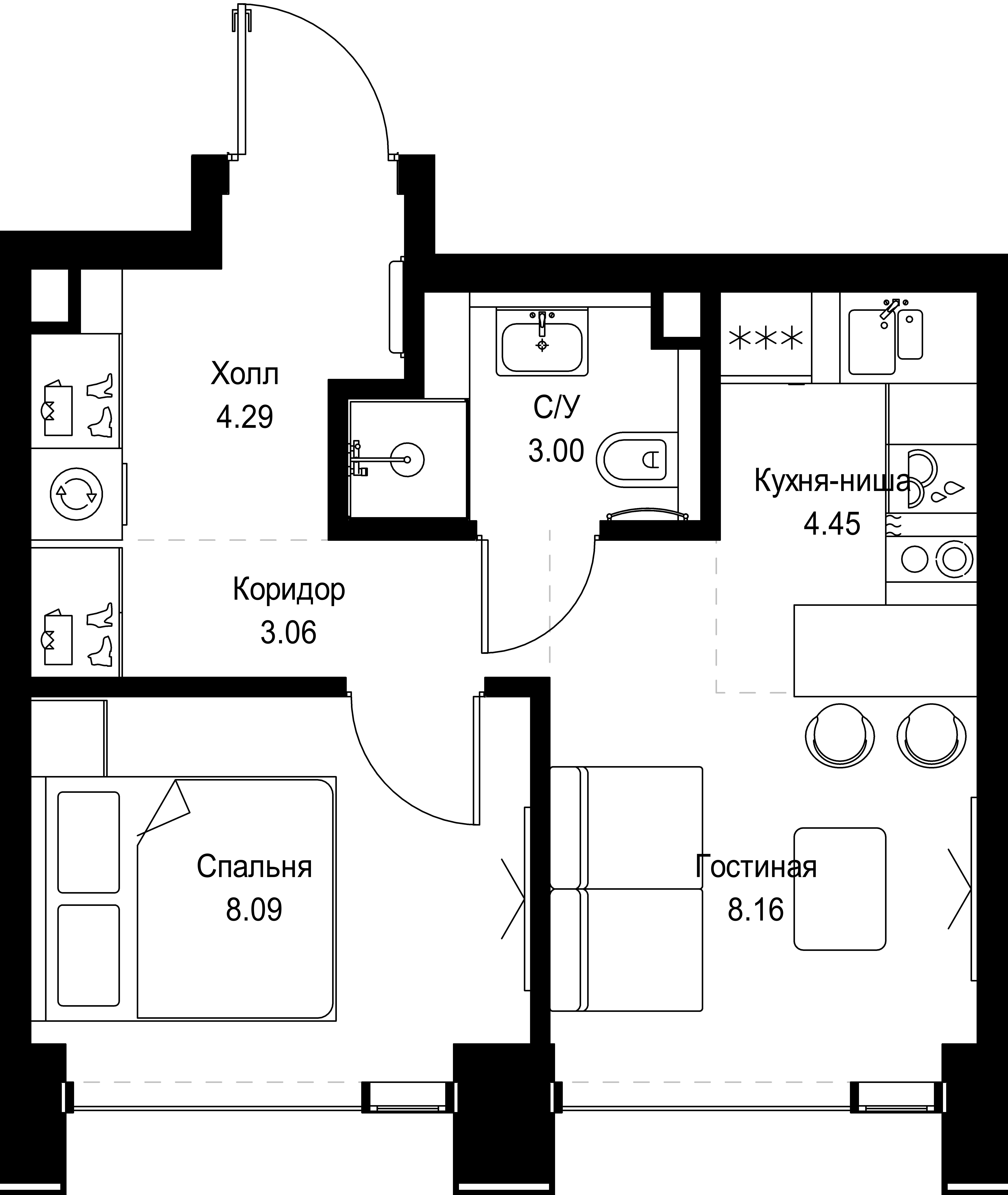 1 комн. квартира, 31.1 м², 54 этаж 