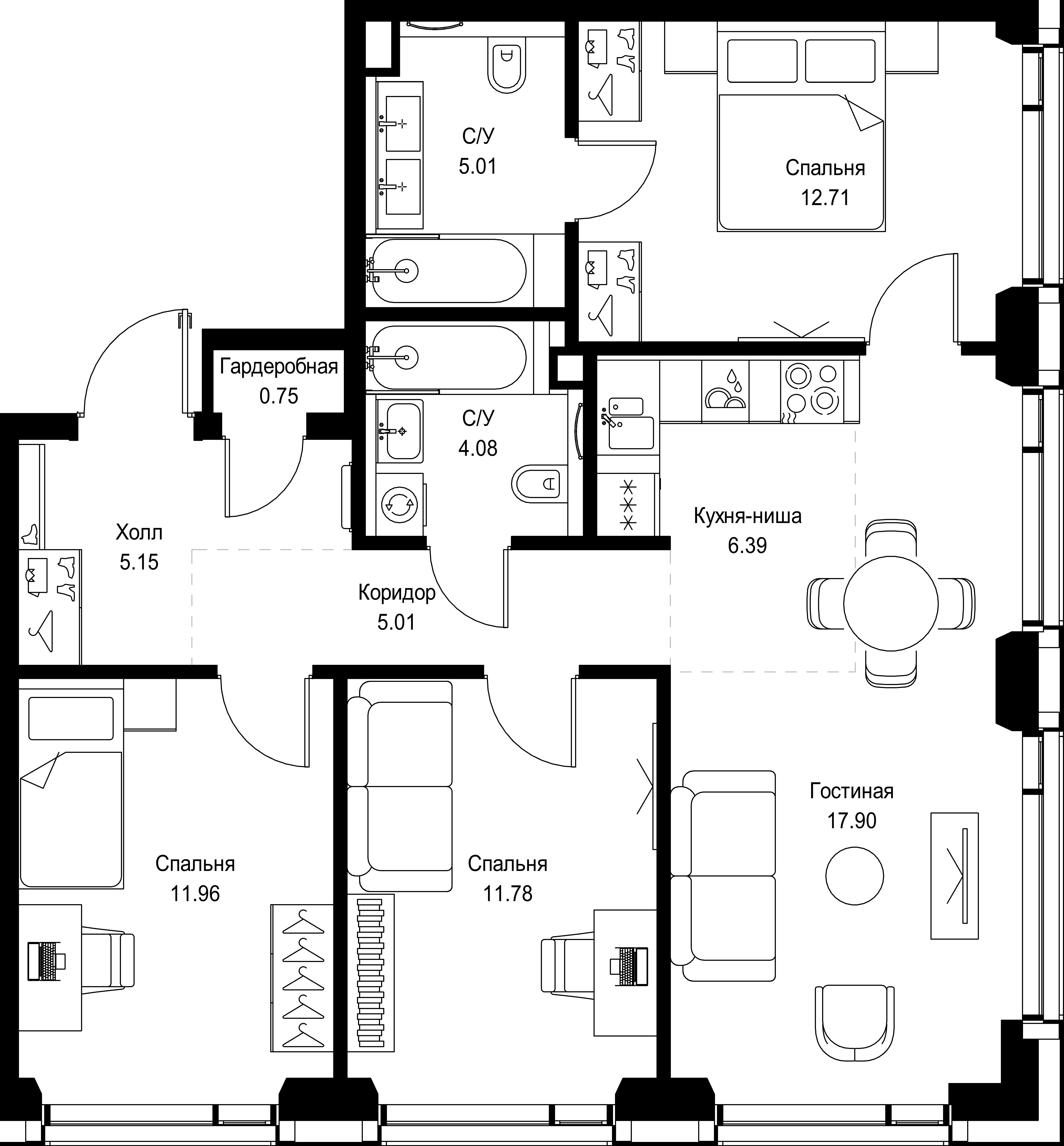 3 комн. квартира, 80.7 м², 30 этаж 