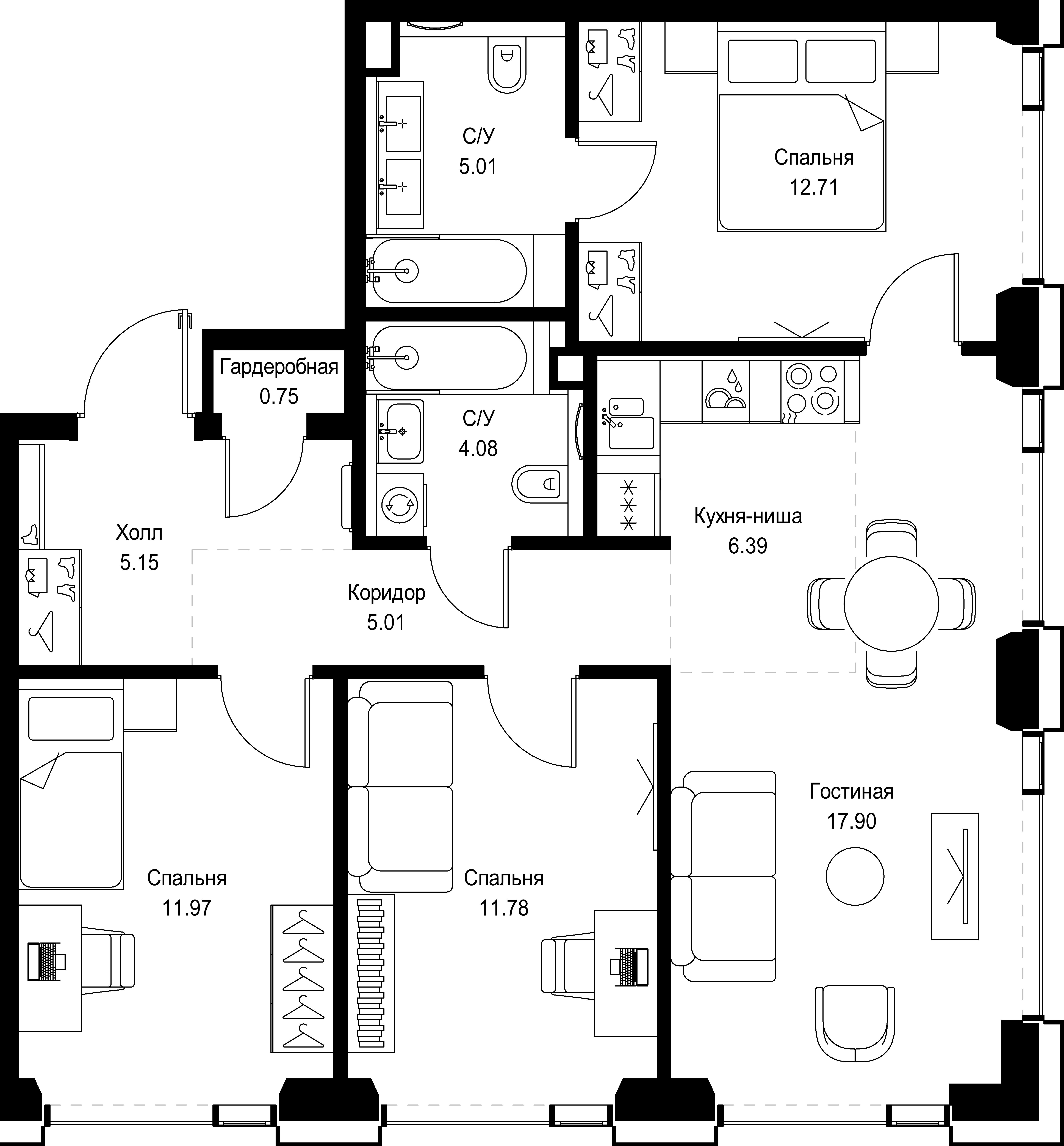 3 комн. квартира, 80.8 м², 36 этаж 
