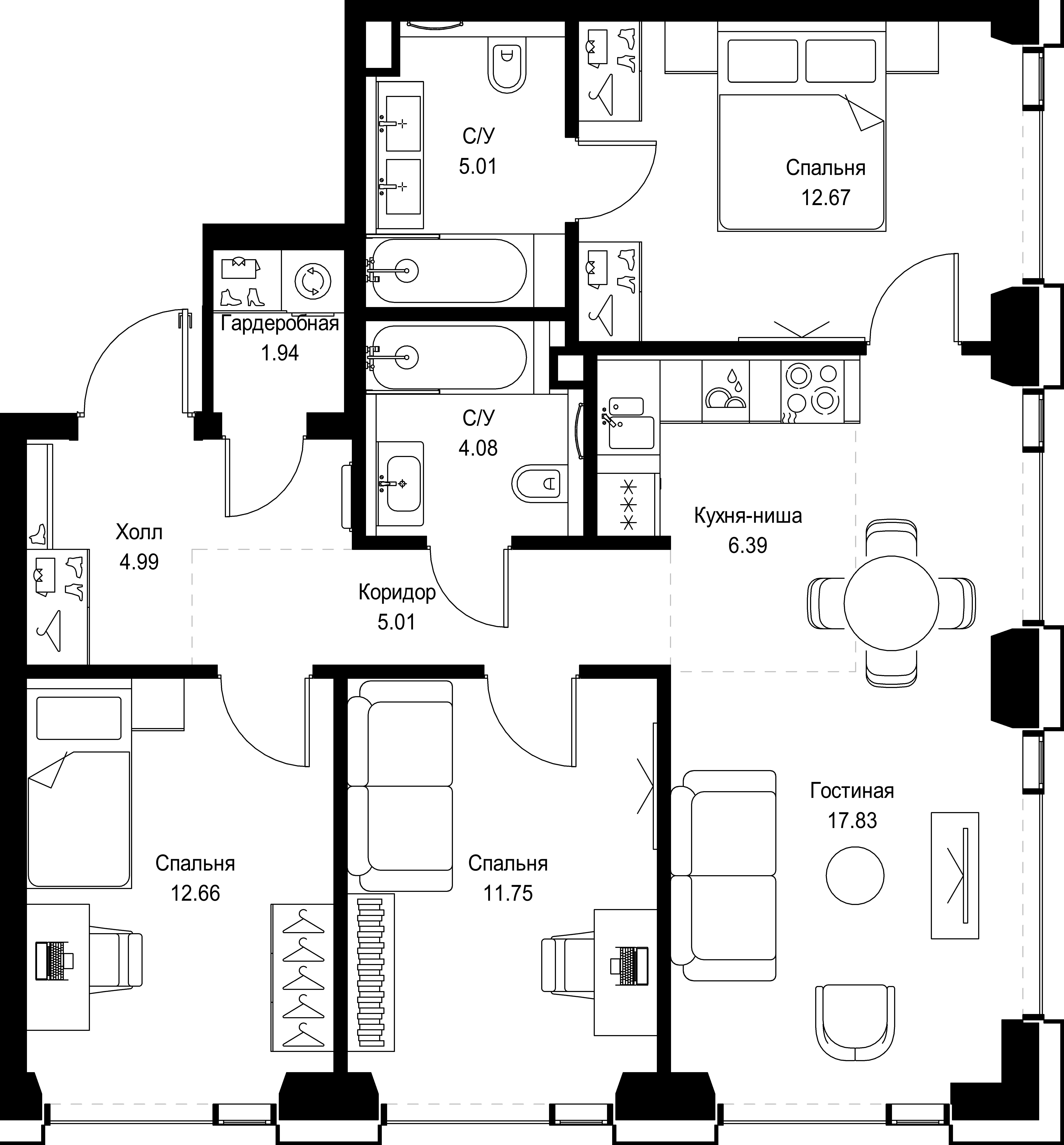 3 комн. квартира, 82.3 м², 27 этаж 