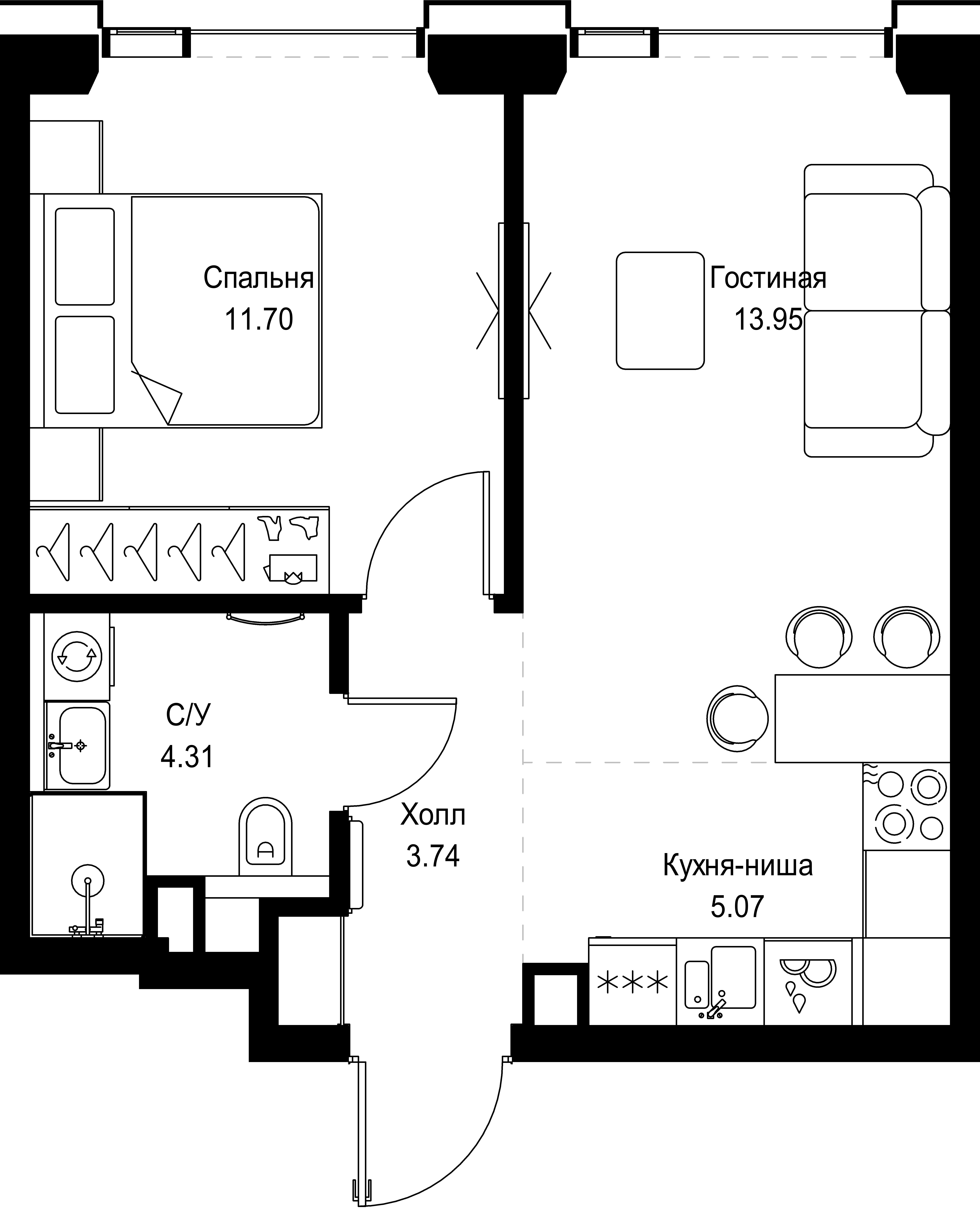 1 комн. квартира, 38.8 м², 48 этаж 