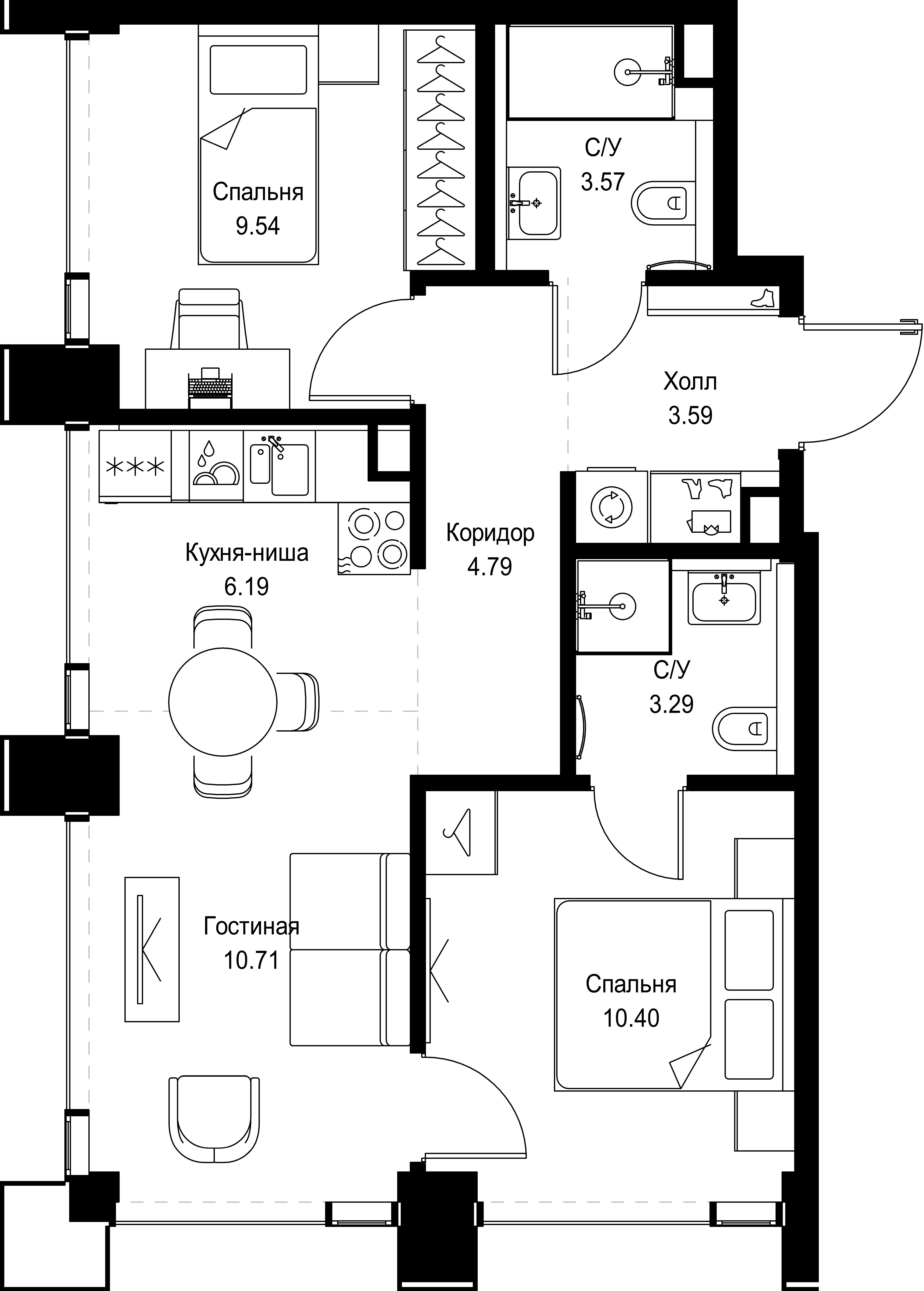 2 комн. квартира, 52.1 м², 57 этаж 