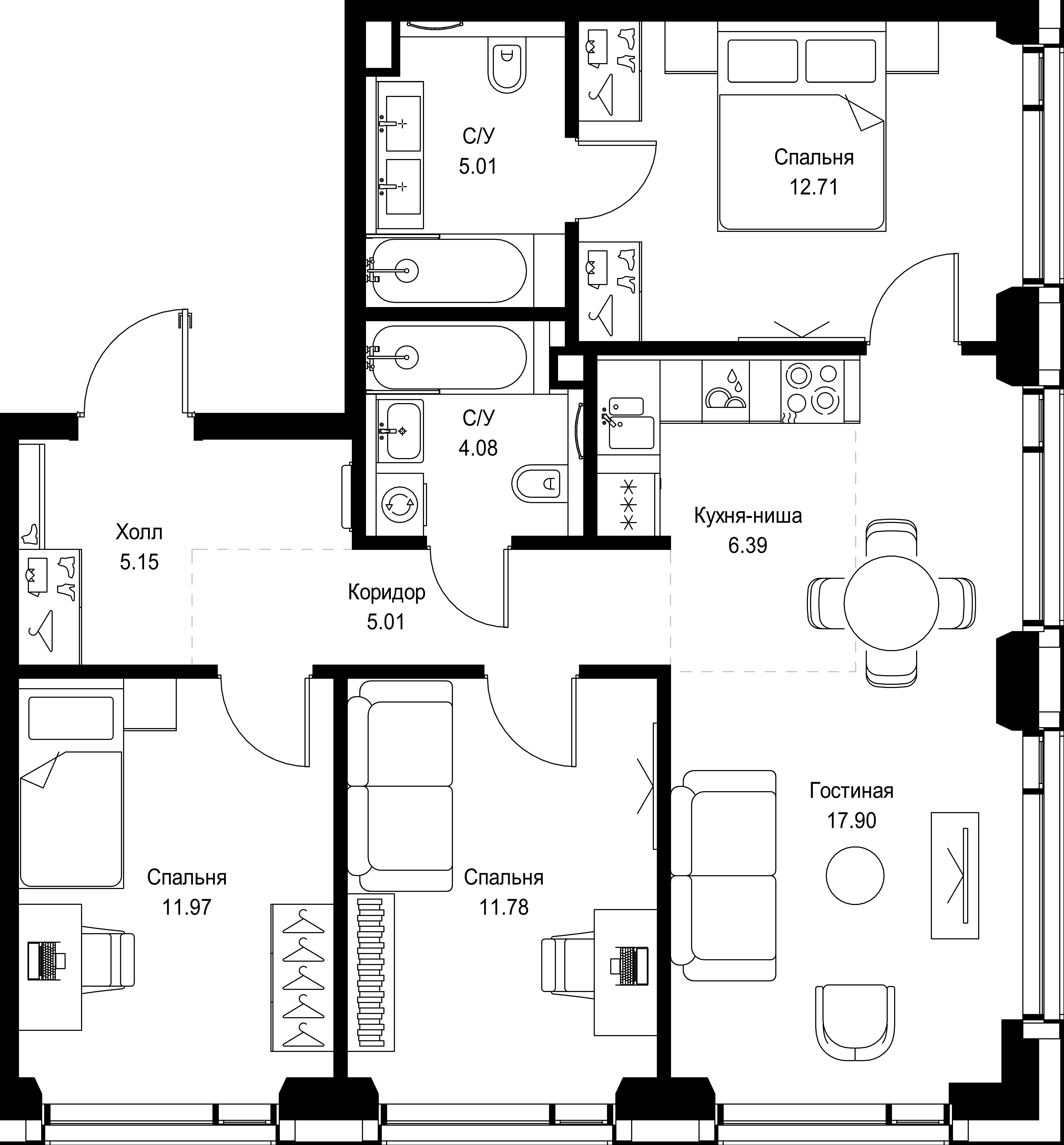 3 комн. квартира, 80 м², 45 этаж 