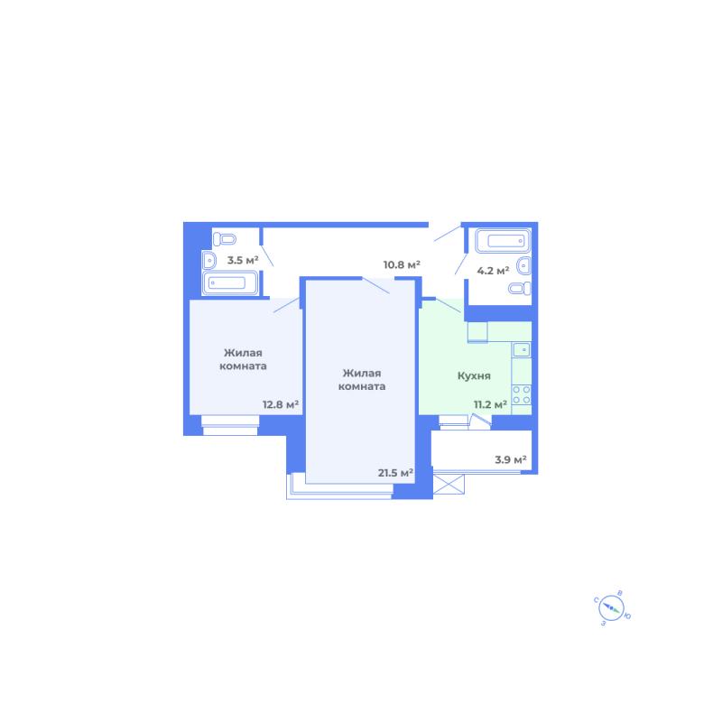 2 комн. квартира, 66 м², 9 этаж 