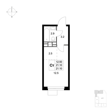 студия, 21.1 м², 3 этаж 