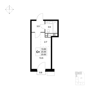 студия, 23.5 м², 3 этаж 