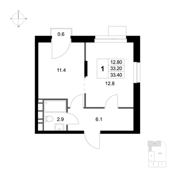 1 комн. квартира, 33.4 м², 6 этаж 