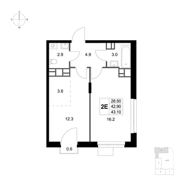 2 комн. квартира, 43.1 м², 6 этаж 