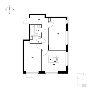 2 комн. квартира, 55.6 м², 1 этаж 