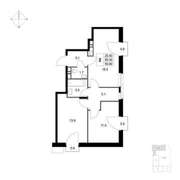 2 комн. квартира, 55.9 м², 4 этаж 