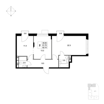 2 комн. квартира, 62.1 м², 4 этаж 