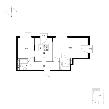 2 комн. квартира, 62.1 м², 3 этаж 