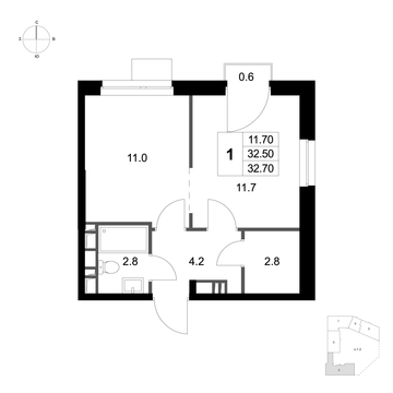 1 комн. квартира, 32.7 м², 5 этаж 