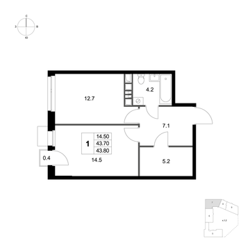 1 комн. квартира, 43.8 м², 2 этаж 