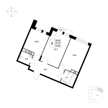 2 комн. квартира, 57.8 м², 4 этаж 